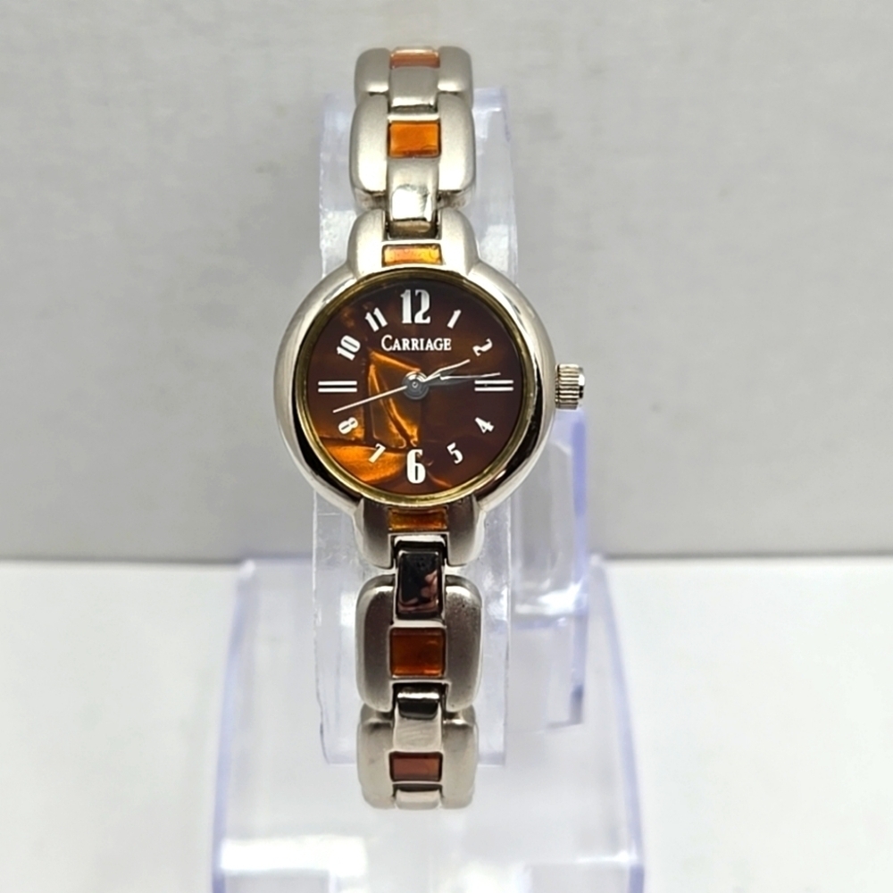 Womens Carriage By Timex Quartz Watch Silver Tone Amber Brown MOP New Battery